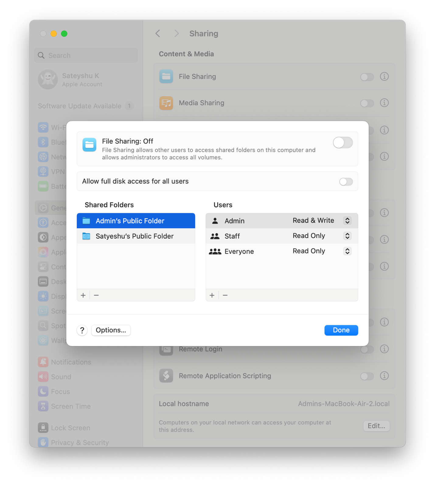 Click on Options, at the left, to display the SMB File Sharing window
